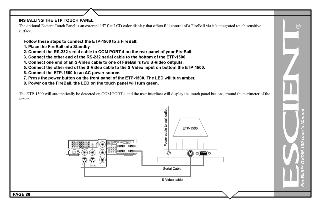 Escient DVDM-100 user manual Installing the ETP Touch Panel 