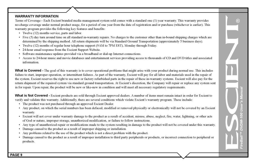 Escient DVDM-100 user manual Warranty Information 