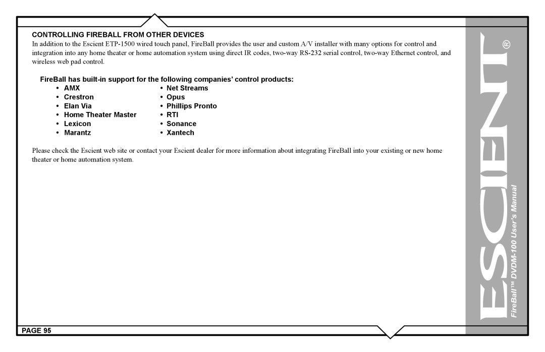 Escient DVDM-100 user manual Controlling Fireball from Other Devices, Amx, Rti 