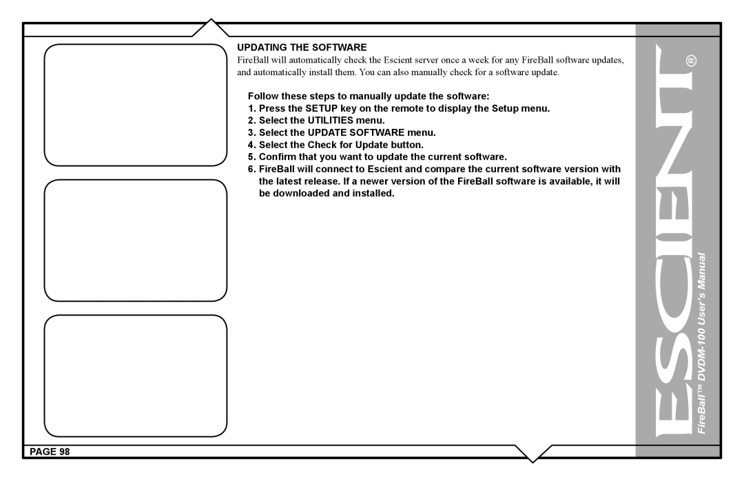 Escient DVDM-100 user manual Updating the Software 