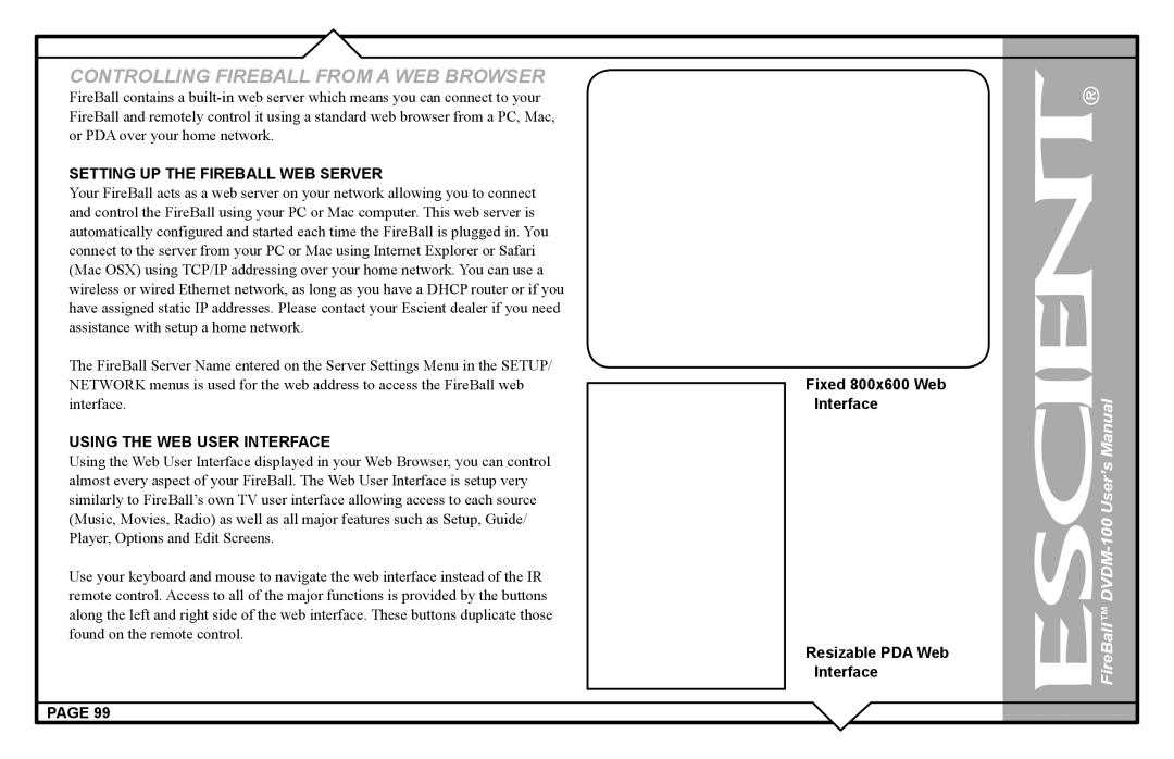 Escient DVDM-100 user manual Setting UP the Fireball WEB Server, Using the WEB User Interface 