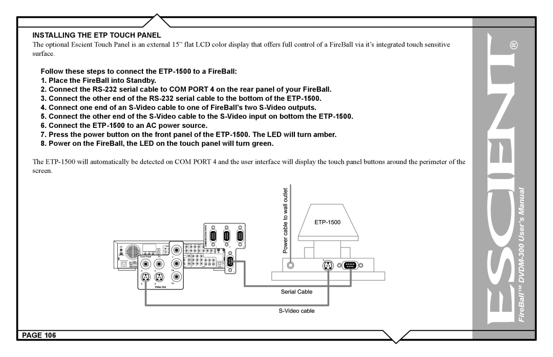 Escient DVDM-300 user manual Installing the ETP Touch Panel 