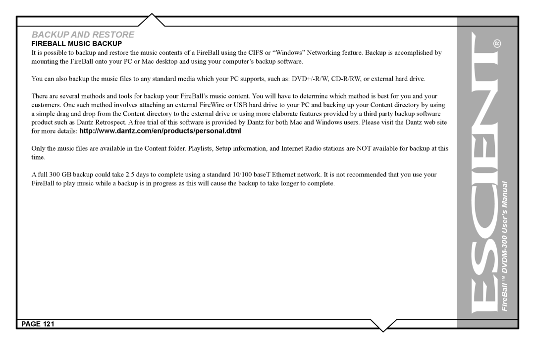 Escient DVDM-300 user manual Fireball Music Backup 