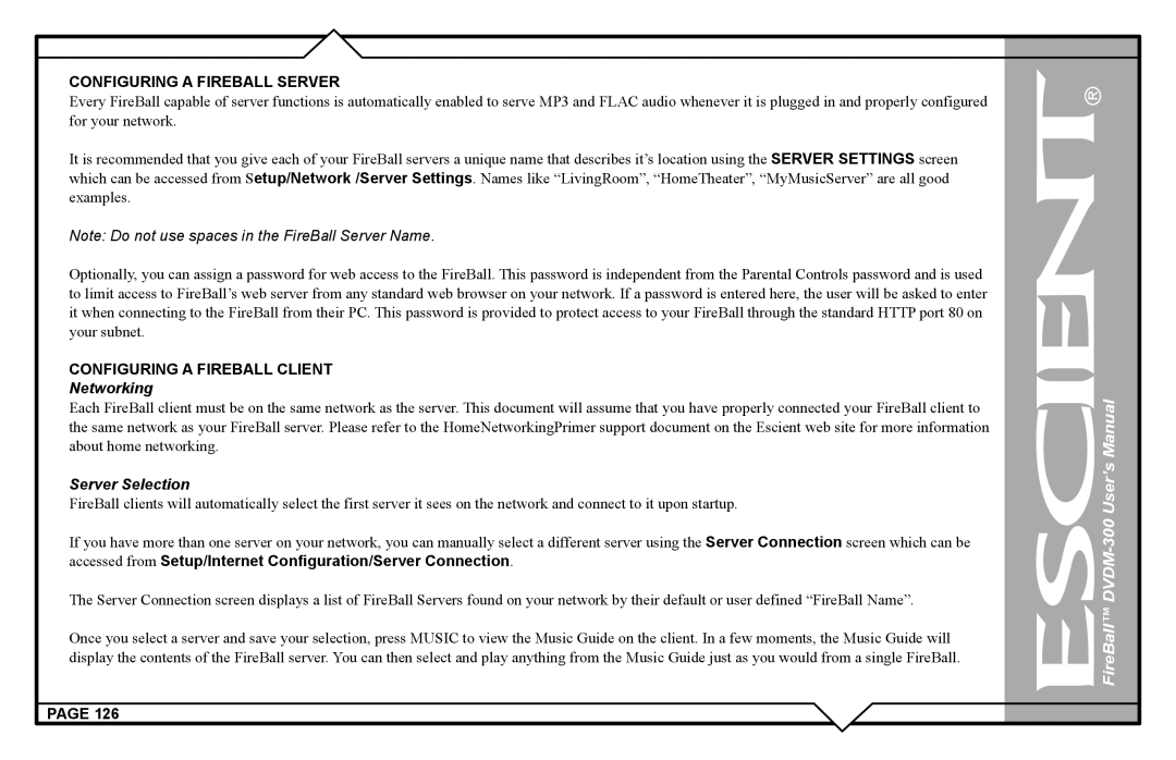 Escient DVDM-300 user manual Configuring a Fireball Server, Networking 