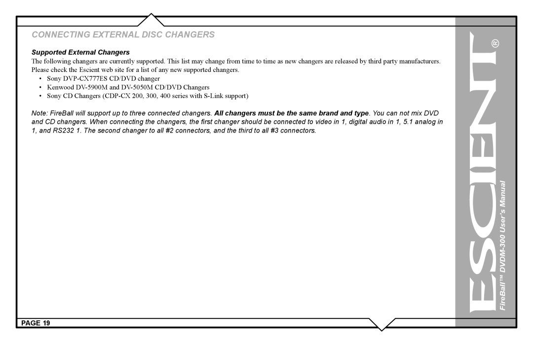 Escient DVDM-300 user manual Supported External Changers 