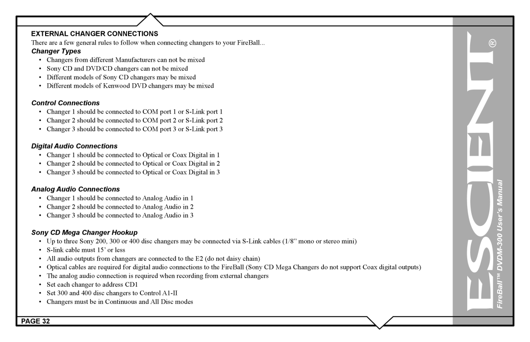 Escient DVDM-300 user manual External Changer Connections, Changer Types 