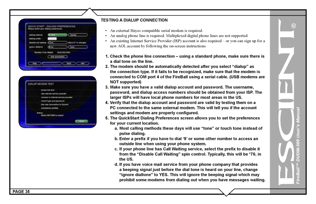 Escient DVDM-300 user manual Testing a Dialup Connection 