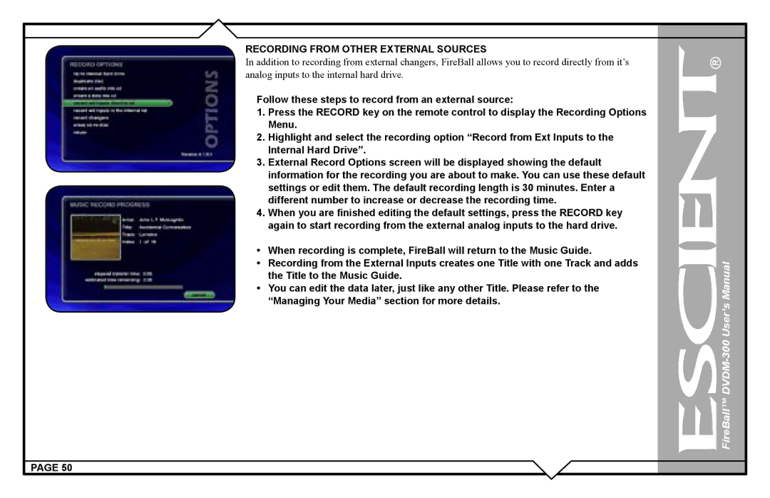 Escient DVDM-300 user manual Recording from Other External Sources 