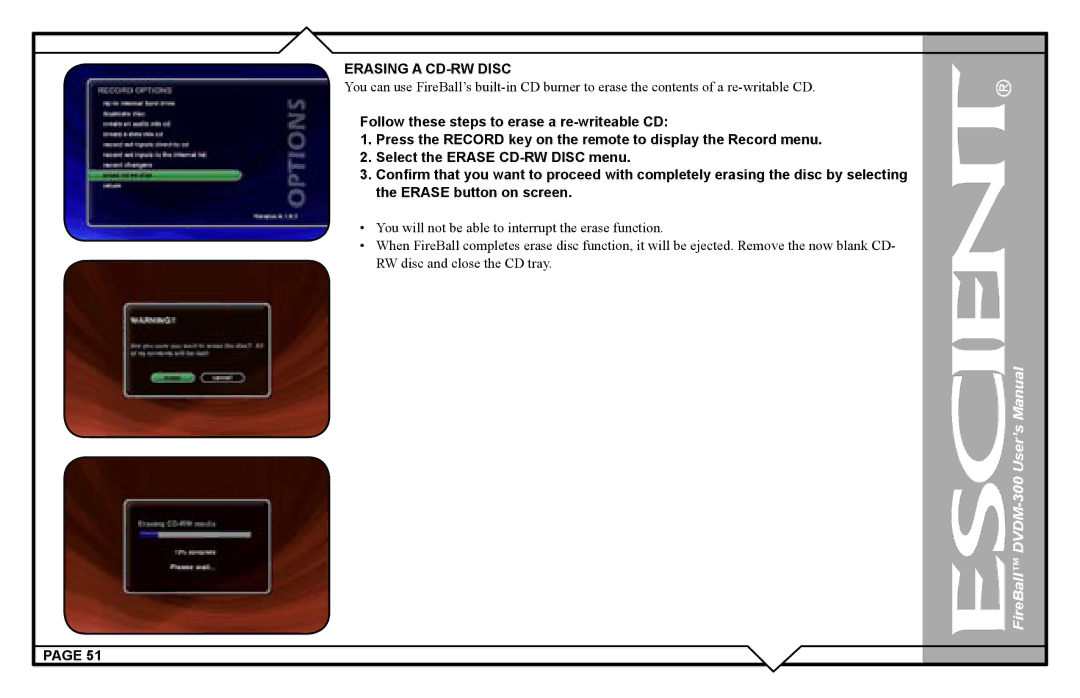 Escient DVDM-300 user manual Erasing a CD-RW Disc 