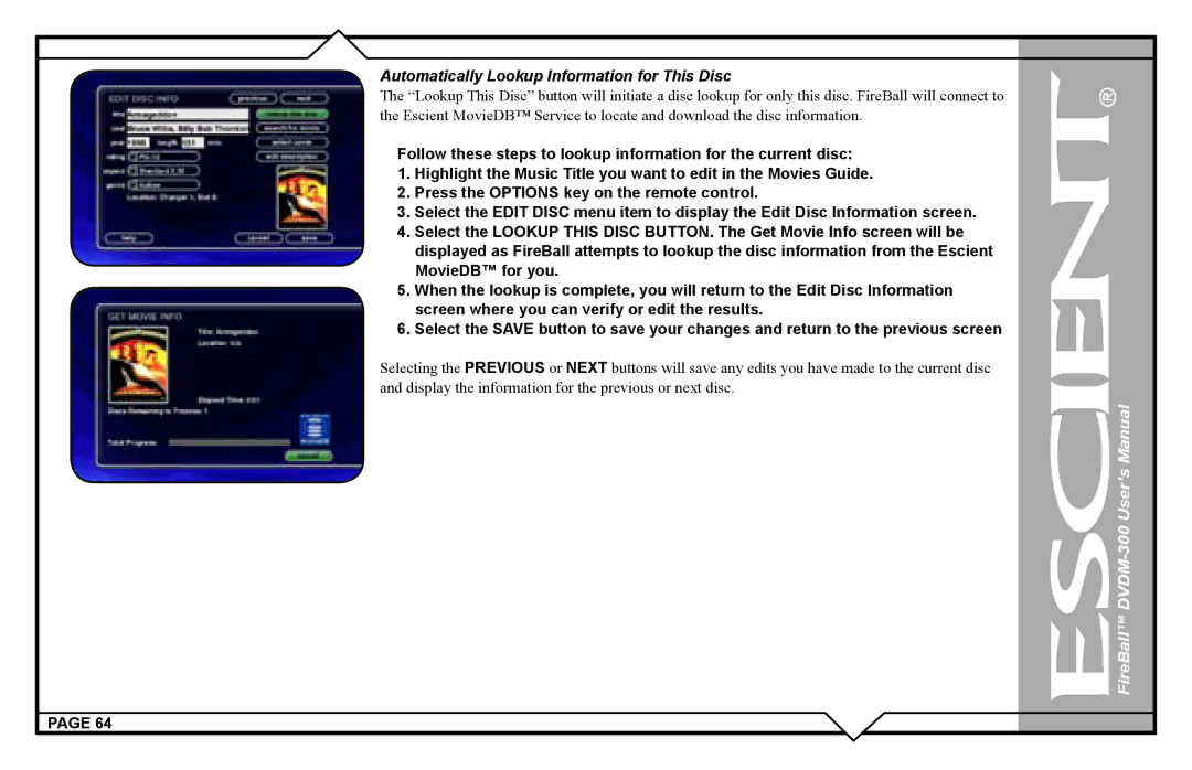 Escient DVDM-300 user manual Automatically Lookup Information for This Disc 