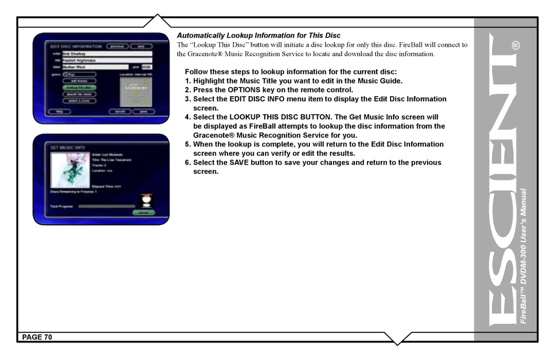 Escient DVDM-300 user manual Automatically Lookup Information for This Disc 