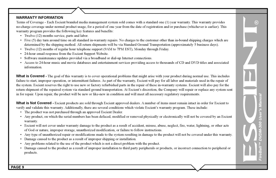 Escient DVDM-300 user manual Warranty Information 