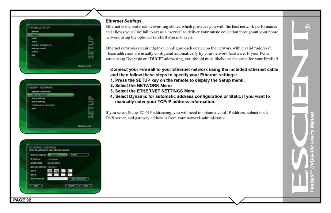 Escient DVDM-300 user manual Ethernet Settings 