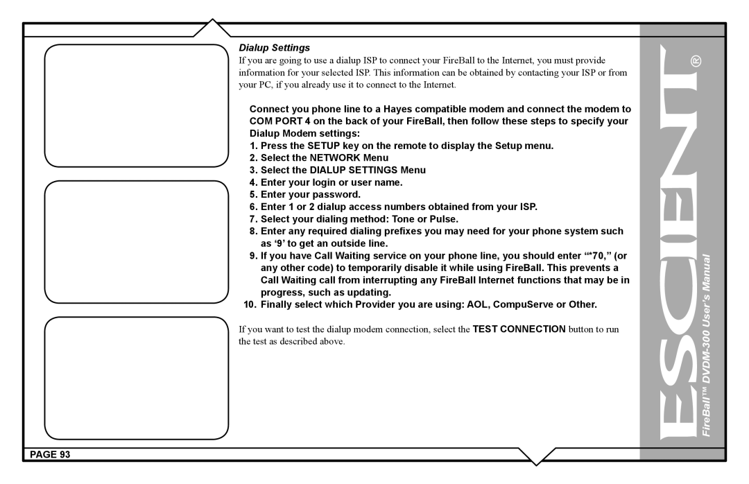 Escient DVDM-300 user manual Dialup Settings 