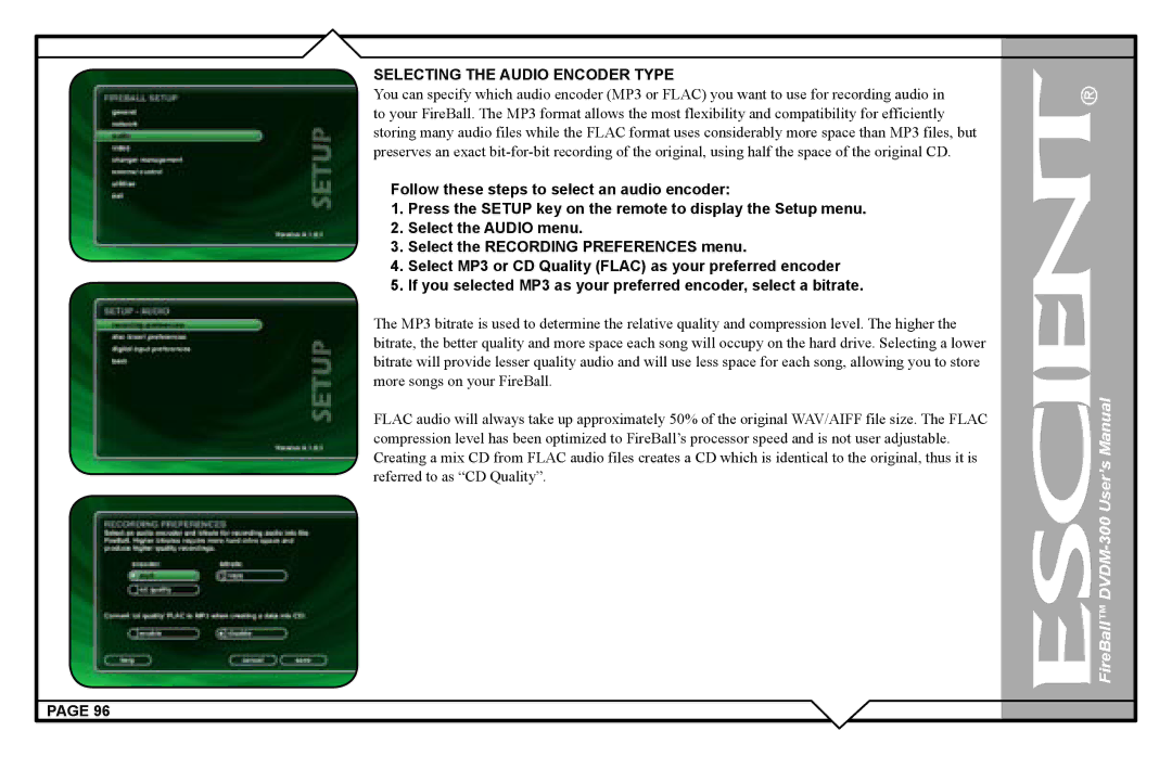 Escient DVDM-300 user manual Selecting the Audio Encoder Type 