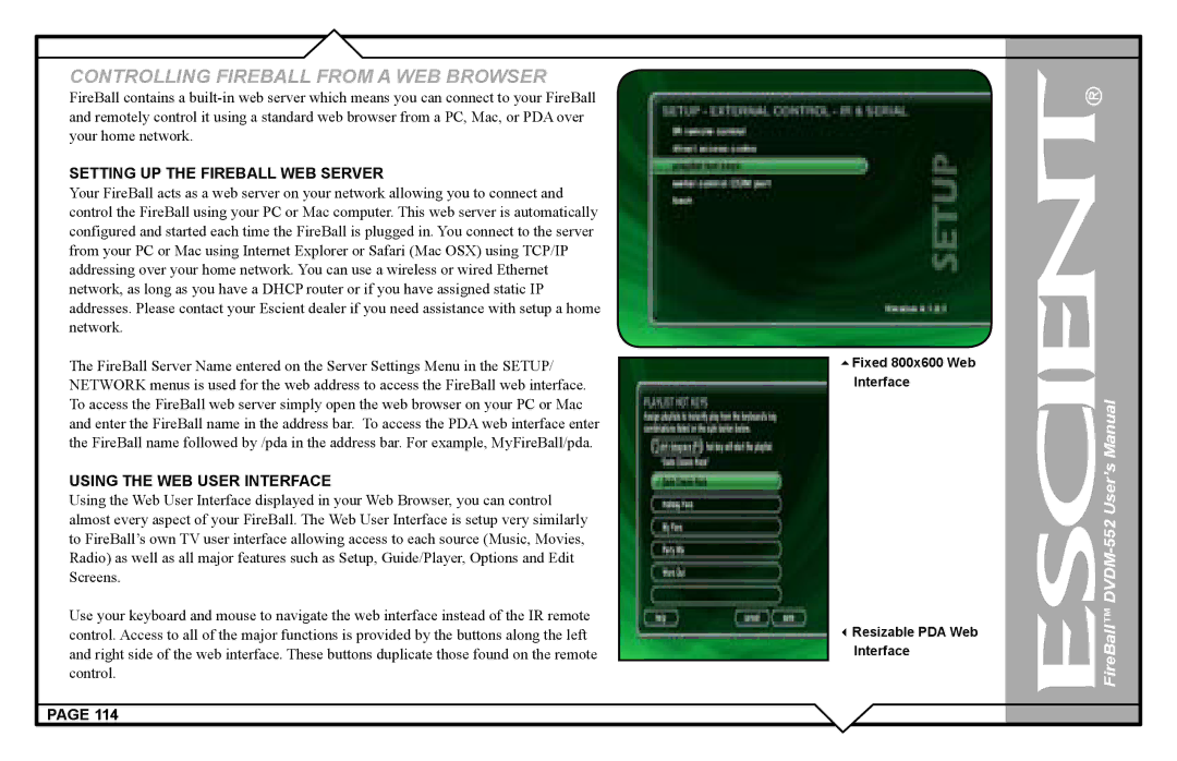 Escient DVDN-552 user manual Setting UP the Fireball WEB Server, Using the WEB User Interface 