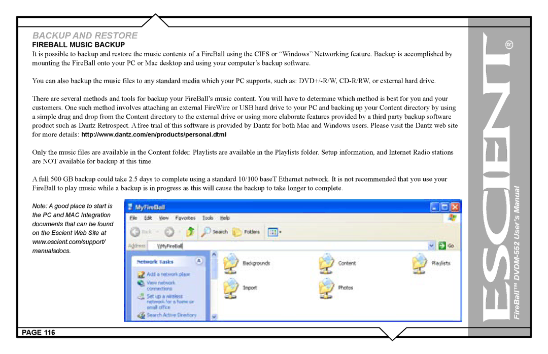 Escient DVDN-552 user manual Fireball Music Backup 