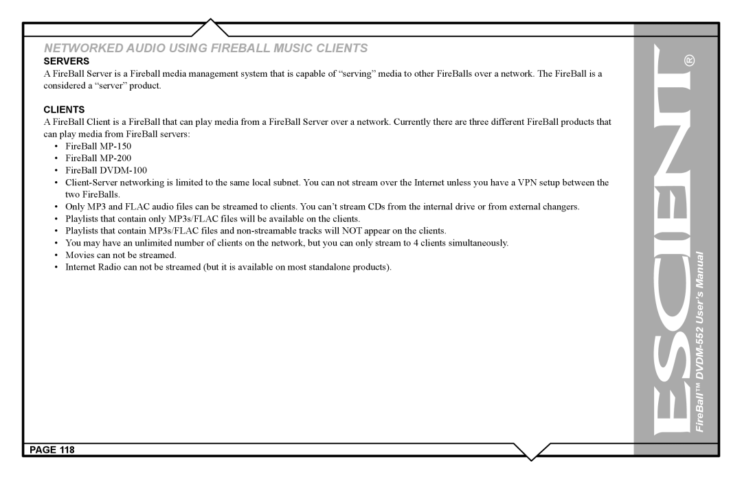 Escient DVDN-552 user manual Networked Audio Using Fireball Music Clients 