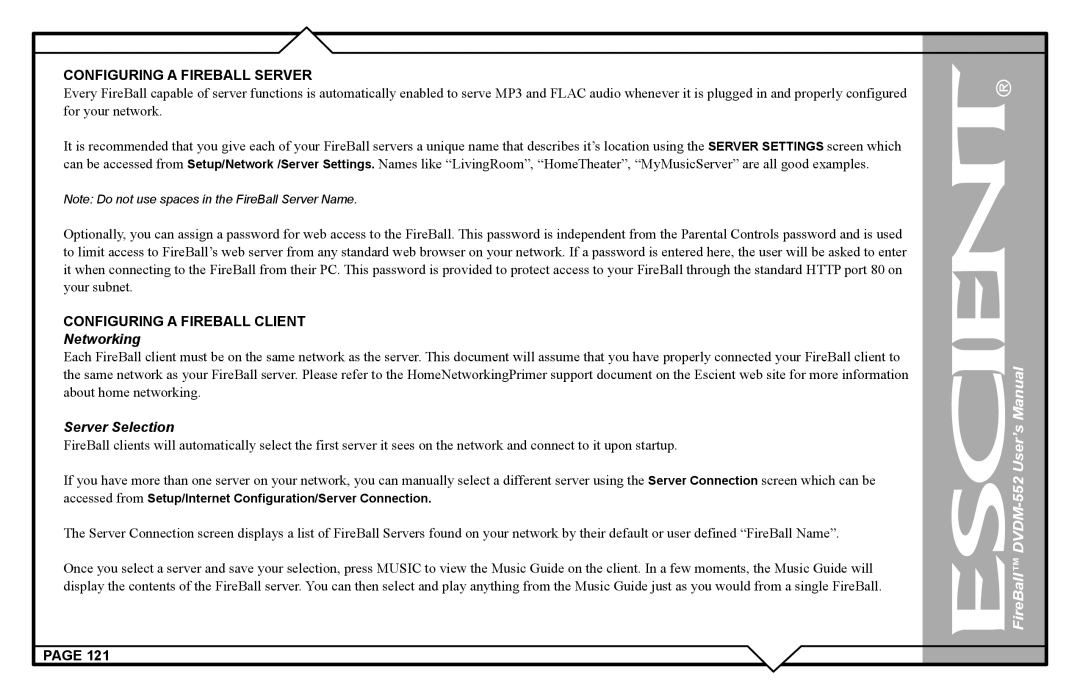 Escient DVDN-552 user manual Configuring a Fireball Server, Networking 