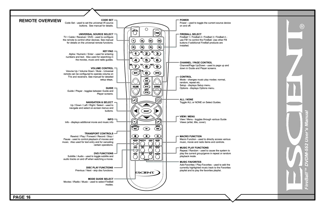 Escient DVDN-552 user manual Remote Overview 