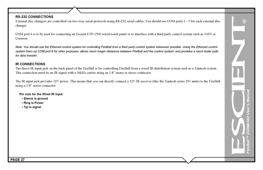 Escient DVDN-552 user manual RS-232 Connections 