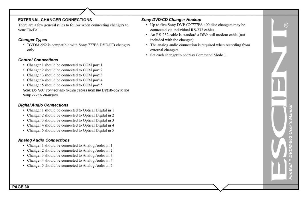 Escient DVDN-552 user manual External Changer Connections, Changer Types 