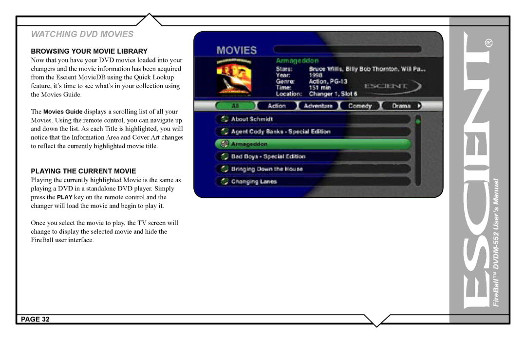 Escient DVDN-552 user manual Browsing Your Movie Library, Playing the Current Movie 