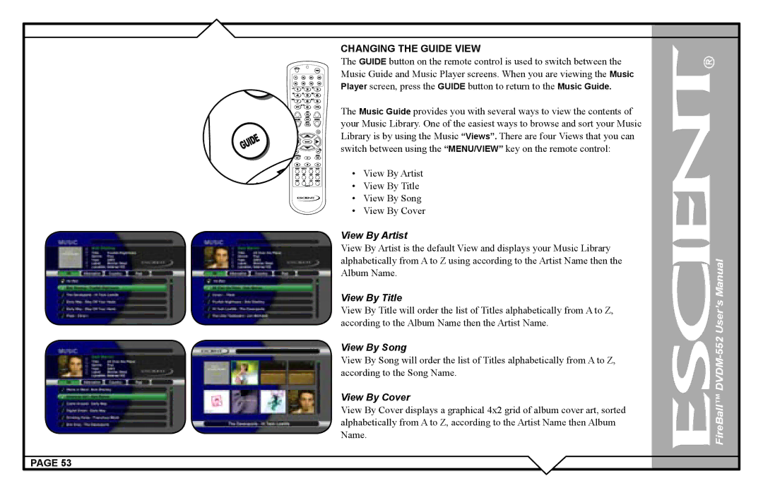 Escient DVDN-552 user manual Changing the Guide View, View By Artist 