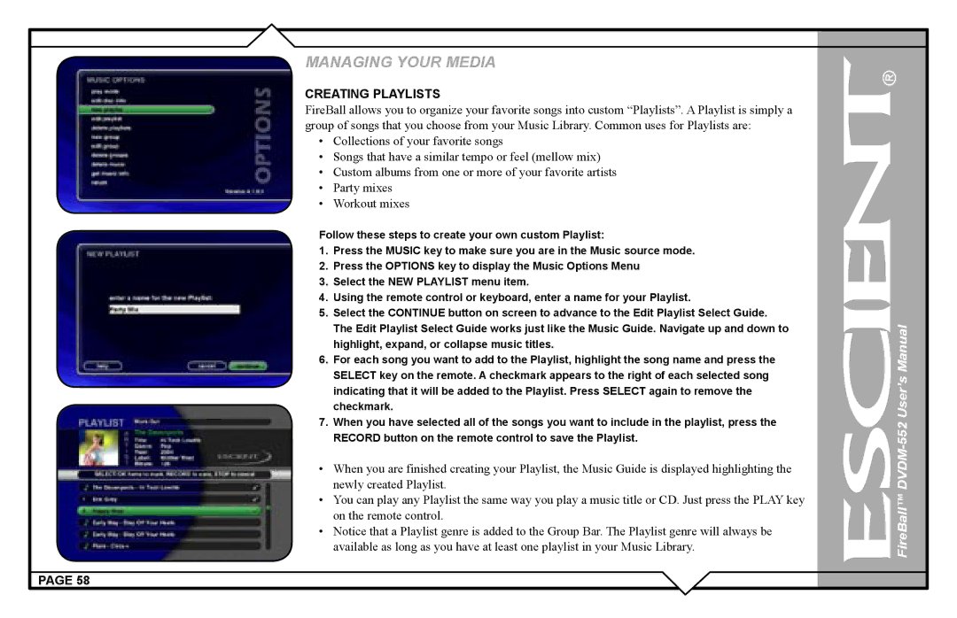 Escient DVDN-552 user manual Creating Playlists 