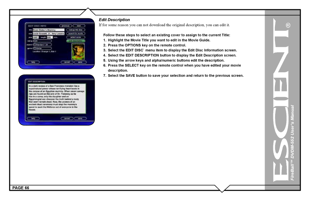 Escient DVDN-552 user manual Edit Description 