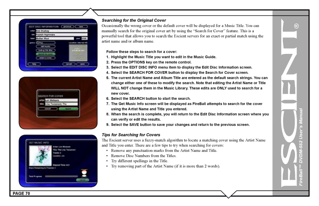 Escient DVDN-552 user manual Searching for the Original Cover, Tips for Searching for Covers 