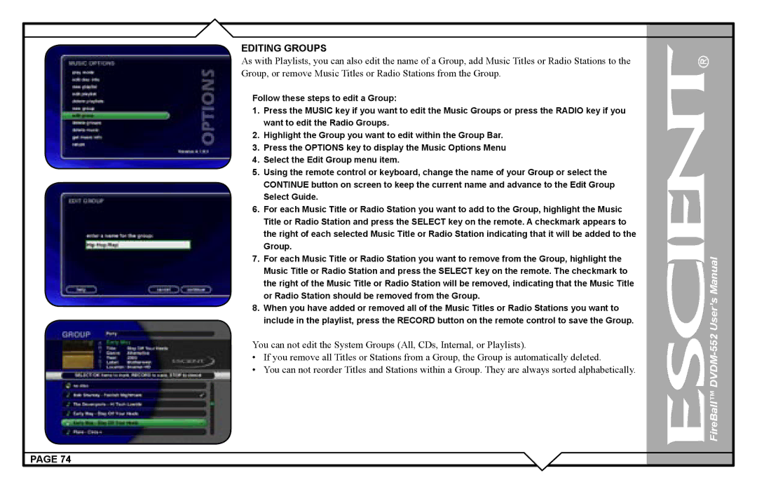 Escient DVDN-552 user manual Editing Groups 