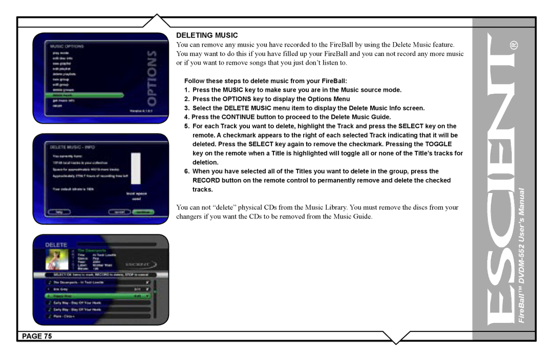 Escient DVDN-552 user manual Deleting Music 