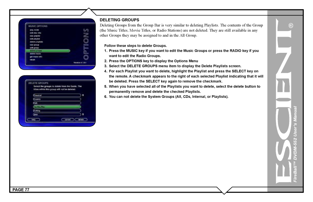 Escient DVDN-552 user manual Deleting Groups 