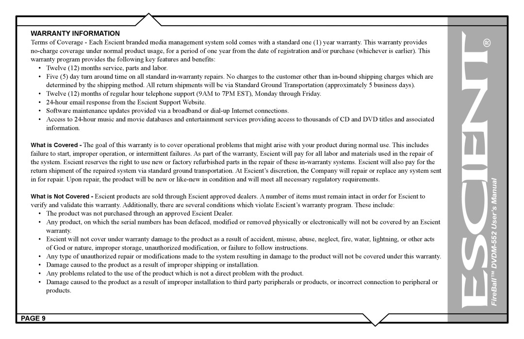 Escient DVDN-552 user manual Warranty Information 