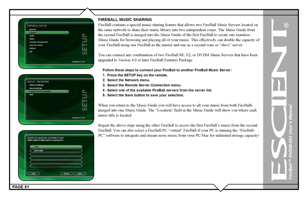 Escient DVDN-552 user manual Fireball Music Sharing 