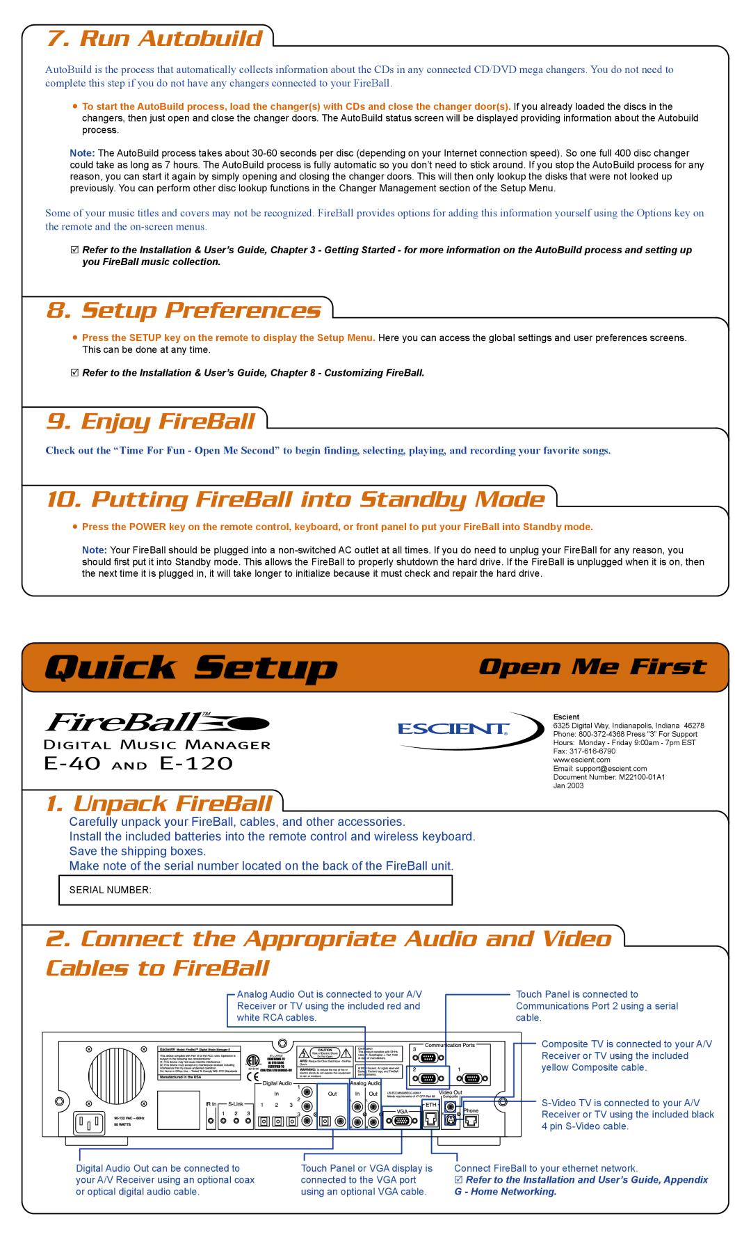 Escient E-120, E-40 appendix Run Autobuild, Setup Preferences, Enjoy FireBall, Putting FireBall into Standby Mode 