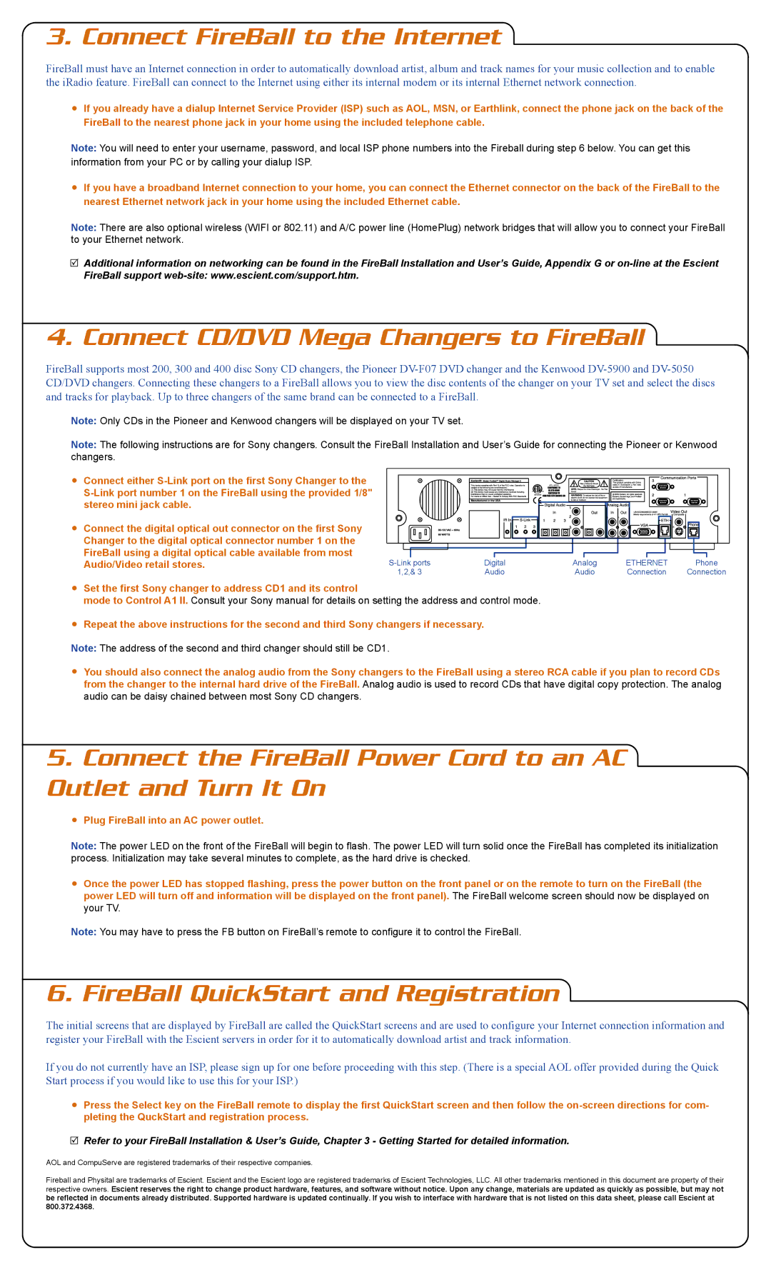 Escient E-40, E-120 appendix Connect FireBall to the Internet, Connect CD/DVD Mega Changers to FireBall 