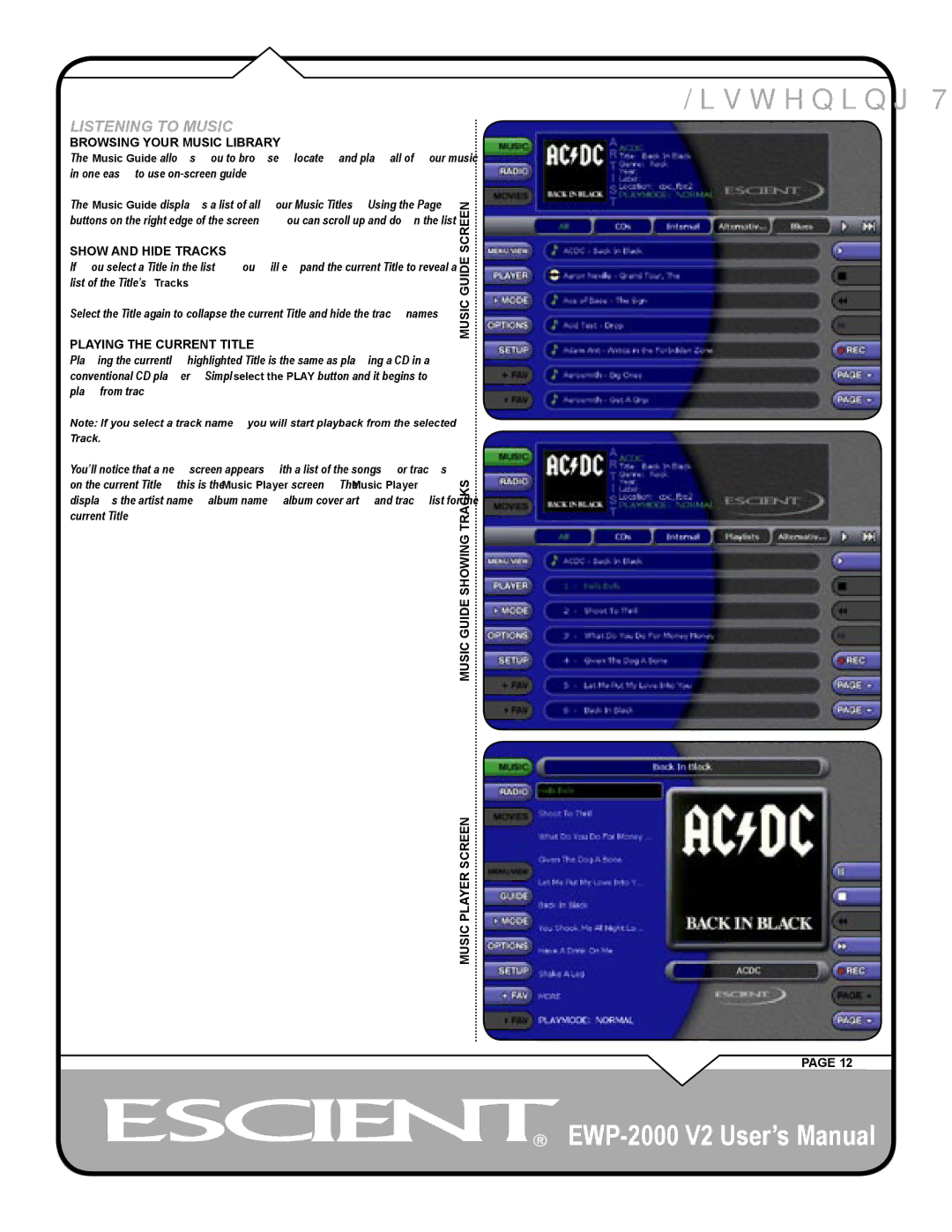 Escient EWP-2000 V2 user manual Browsing Your Music Library, Music Guide Showing Tracks Music Player Screen 