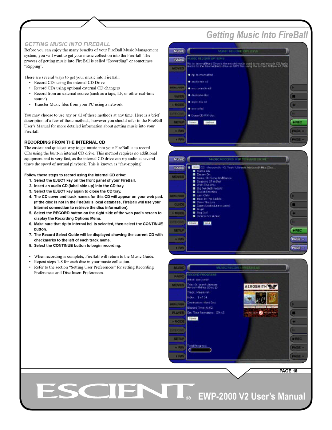 Escient EWP-2000 V2 user manual Getting Music Into FireBall, Recording from the Internal CD 