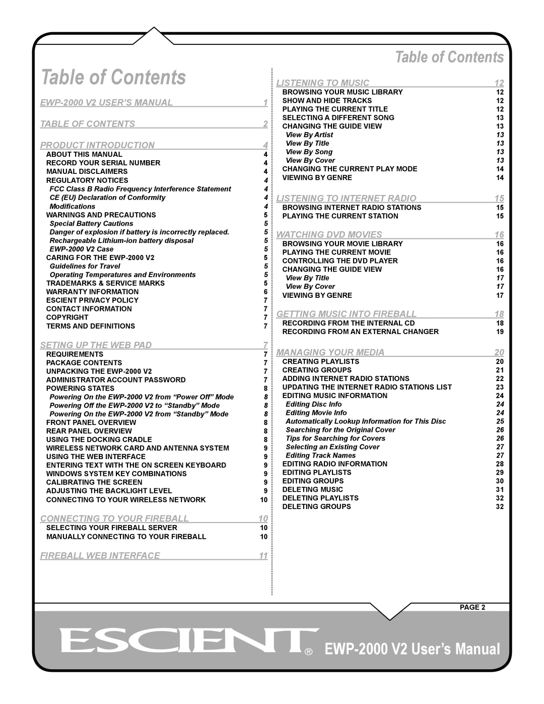 Escient EWP-2000 V2 user manual Table of Contents 