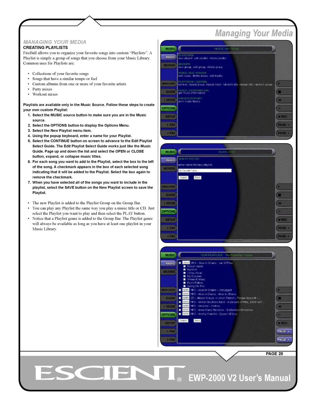 Escient EWP-2000 V2 user manual Managing Your Media, Creating Playlists 