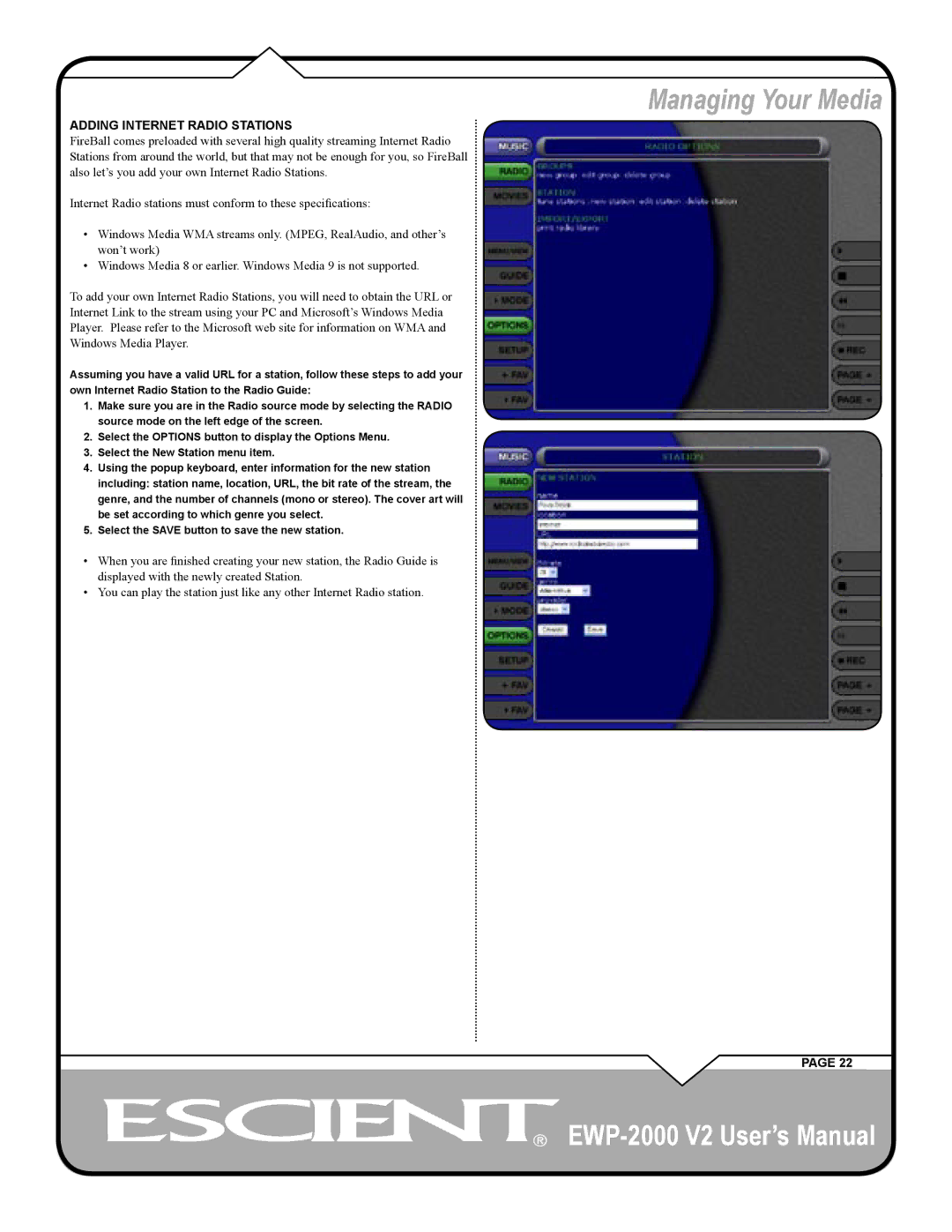 Escient EWP-2000 V2 user manual Adding Internet Radio Stations 