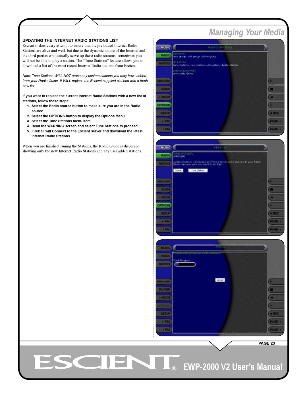 Escient EWP-2000 V2 user manual Updating the Internet Radio Stations List 