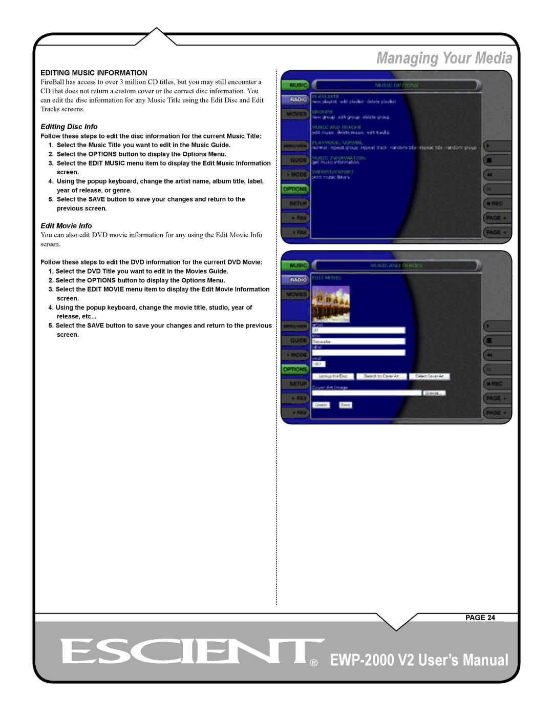 Escient EWP-2000 V2 user manual Editing Disc Info, Edit Movie Info 