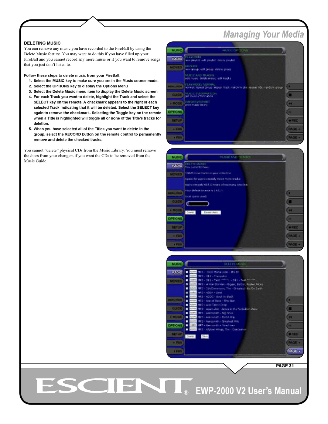 Escient EWP-2000 V2 user manual Deleting Music 