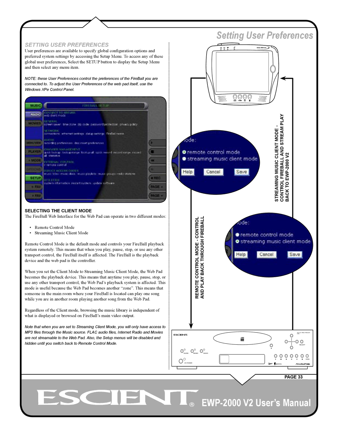 Escient EWP-2000 V2 user manual Setting User Preferences, Back to EWP-2000 Control Fireball and Stream Play 