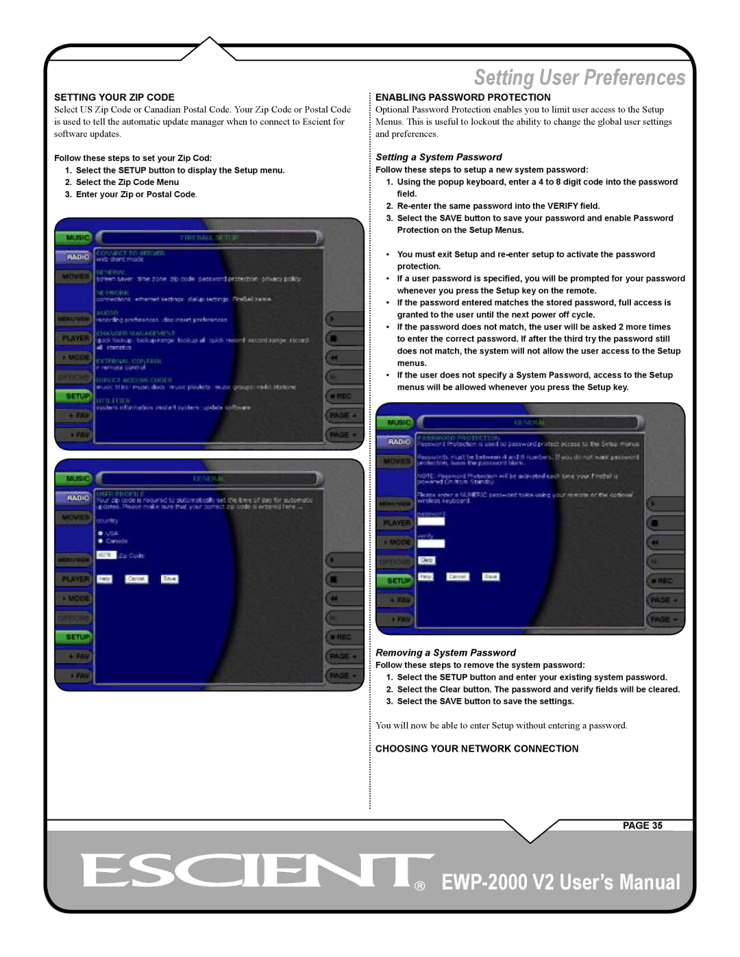 Escient EWP-2000 V2 user manual Setting Your ZIP Code, Setting a System Password 