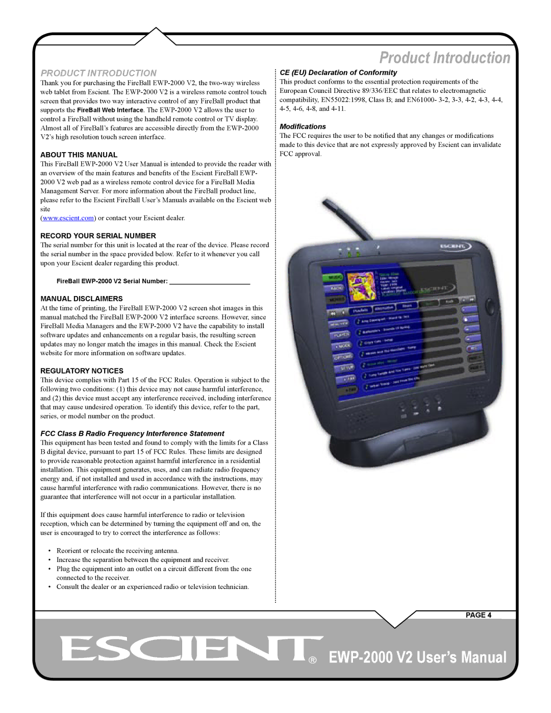 Escient EWP-2000 V2 user manual Product Introduction, About this Manual Record Your Serial Number 