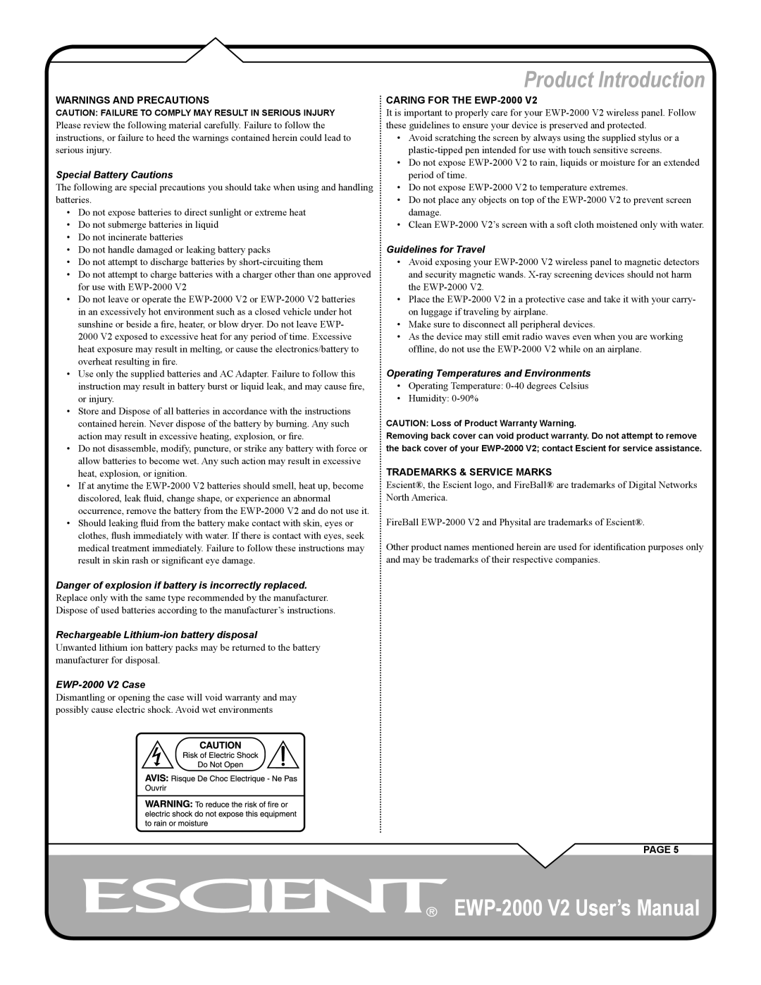 Escient EWP-2000 V2 user manual Guidelines for Travel, Trademarks & Service Marks 